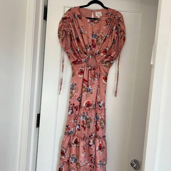 Cinq à Sept Martine Silk Cut-out Midi Dress Sz 10 Bare Rose Floral Tiered Skirt - Picture 5 of 10